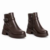 Women's Leather Ankle Boot with Thick Heel and Side Buckle Zipper G-67