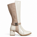 Long Boot Mid Heels And embossed leather details and a belted strap with a buckle LB-55
