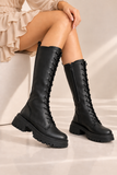 Long Boot Mid Heels Leather With zipper and laces LB-53
