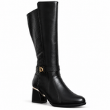 Long Boot Mid Heels And embossed leather details and a belted strap with a buckle LB-55