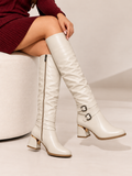 Long Boot Mid Heels Leather With Two belts buckle LB-54