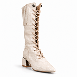Long Boot Mid Heels Leather With Rope and Zipper LB-45