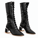 Long Boot Mid Heels Leather With Rope and Zipper LB-45