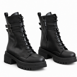 Women's Lace-Up Combat Boots with Double Buckles and Chunky Sole E-111