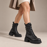 Women's Lace-Up Combat Boots with Double Buckles and Chunky Sole E-111