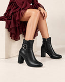 Women’s Double Buckle Block Heel Ankle Boots R-26