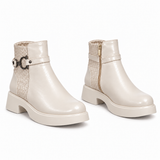 Women's Leather Ankle Boot with Thick Heel and Side Zipper G-66