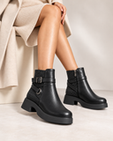 Women's Leather Ankle Boot with Thick Heel and Side Buckle Zipper G-67