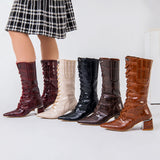 Long Boot Mid Heels Leather With Rope and Zipper LB-45