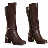 Long Boot Mid Heels And embossed leather details and a belted strap with a buckle LB-55