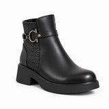 Women's Leather Ankle Boot with Thick Heel and Side Zipper G-66
