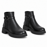 Women's Leather Ankle Boot with Thick Heel and Side Zipper G-66
