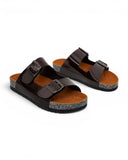 Slippers leather Glossy flat Double strap with buckles SL-232
