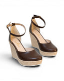 Sandal heel wedge leather with ankle strap W-312