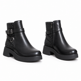 Women's Leather Ankle Boot with Thick Heel and Side Buckle Zipper G-67