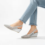 Shoes Wedge Fabric With Leather W-310