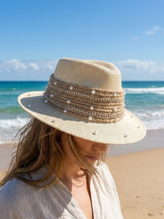 Cowboy hat burlap Studded with pearls Q-1