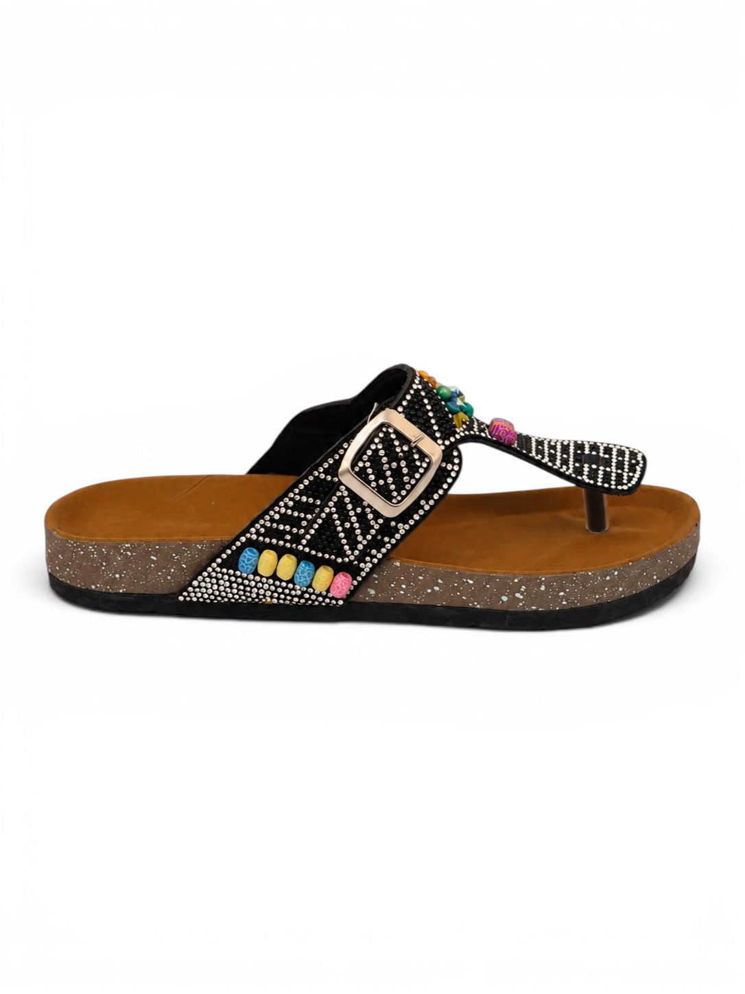 Slippers Flat Leather With a toe cap studded with colorful stones SL-244