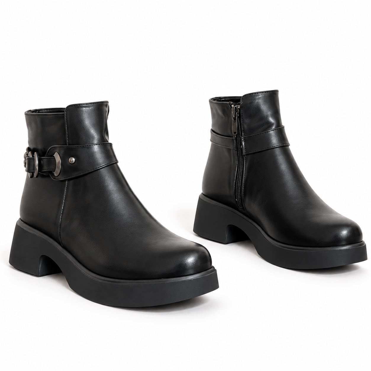 Women's Leather Ankle Boot with Thick Heel and Side Zipper with Episodes G-68