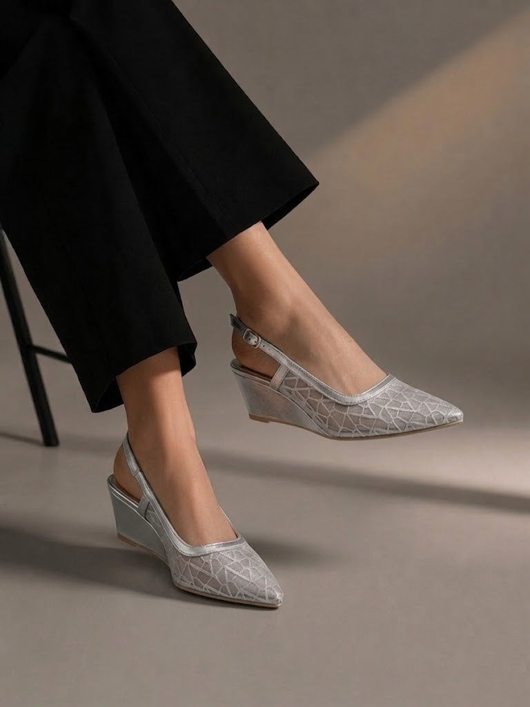 Shoes Wedge Fabric With Leather W-310