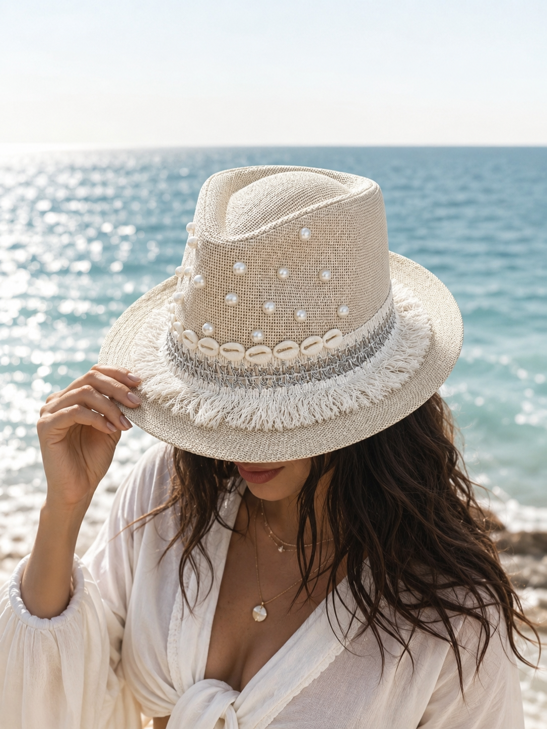 Cowboy hat burlap Decorated with pearls and shells Q-5