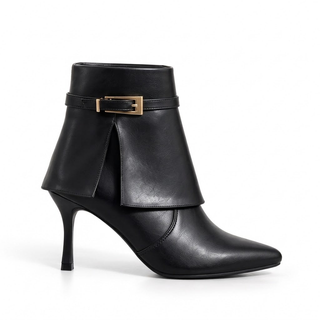Ankle Boot Leather with a slim heel and a strap with a gold buckle L-121