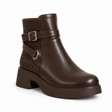 Women's Leather Ankle Boot with Thick Heel and Side Buckle Zipper G-67