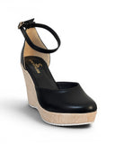 Sandal heel wedge leather with ankle strap W-312