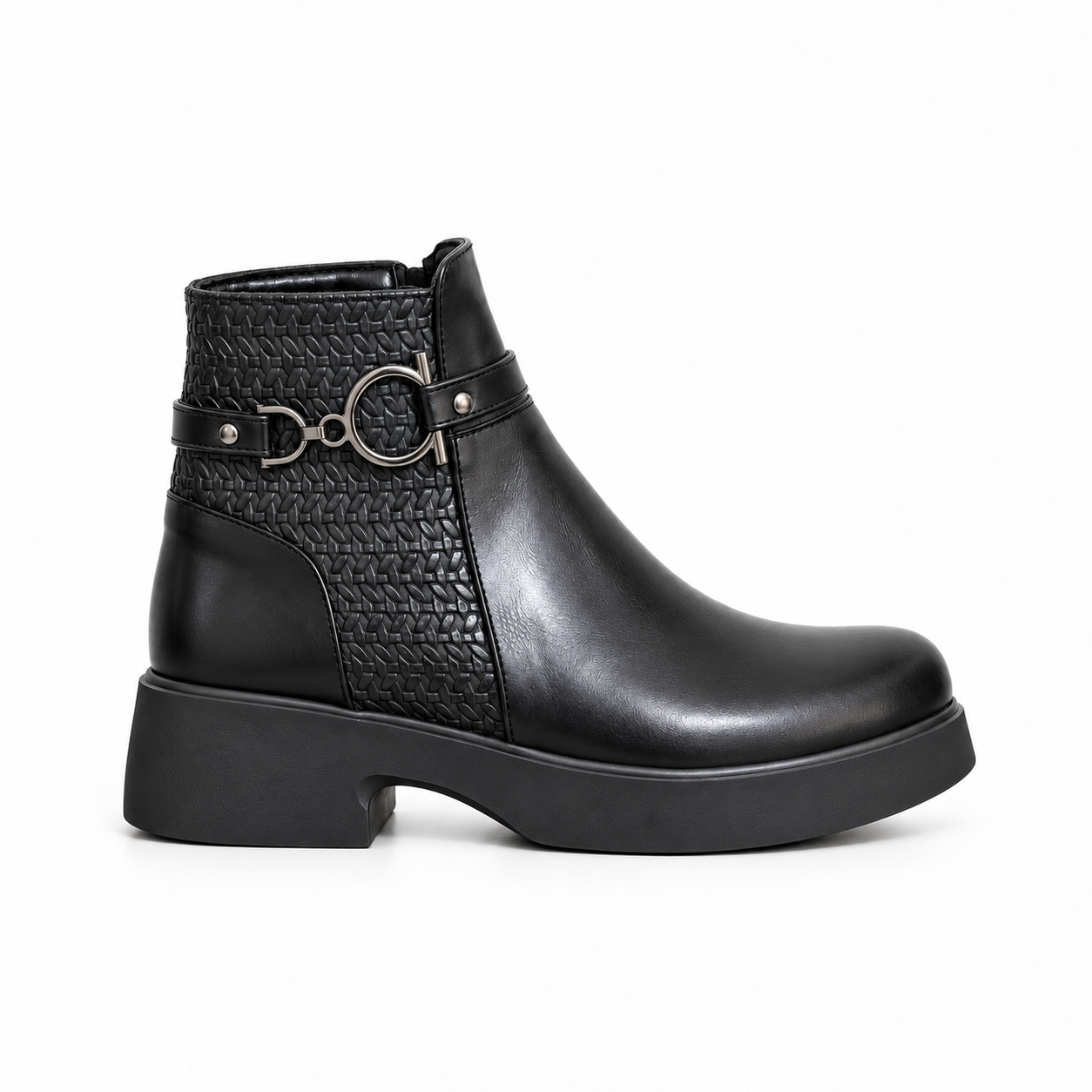 Women's Leather Ankle Boot with Thick Heel and Side Zipper G-66