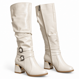 Long Boot Mid Heels Leather With Two belts buckle LB-54
