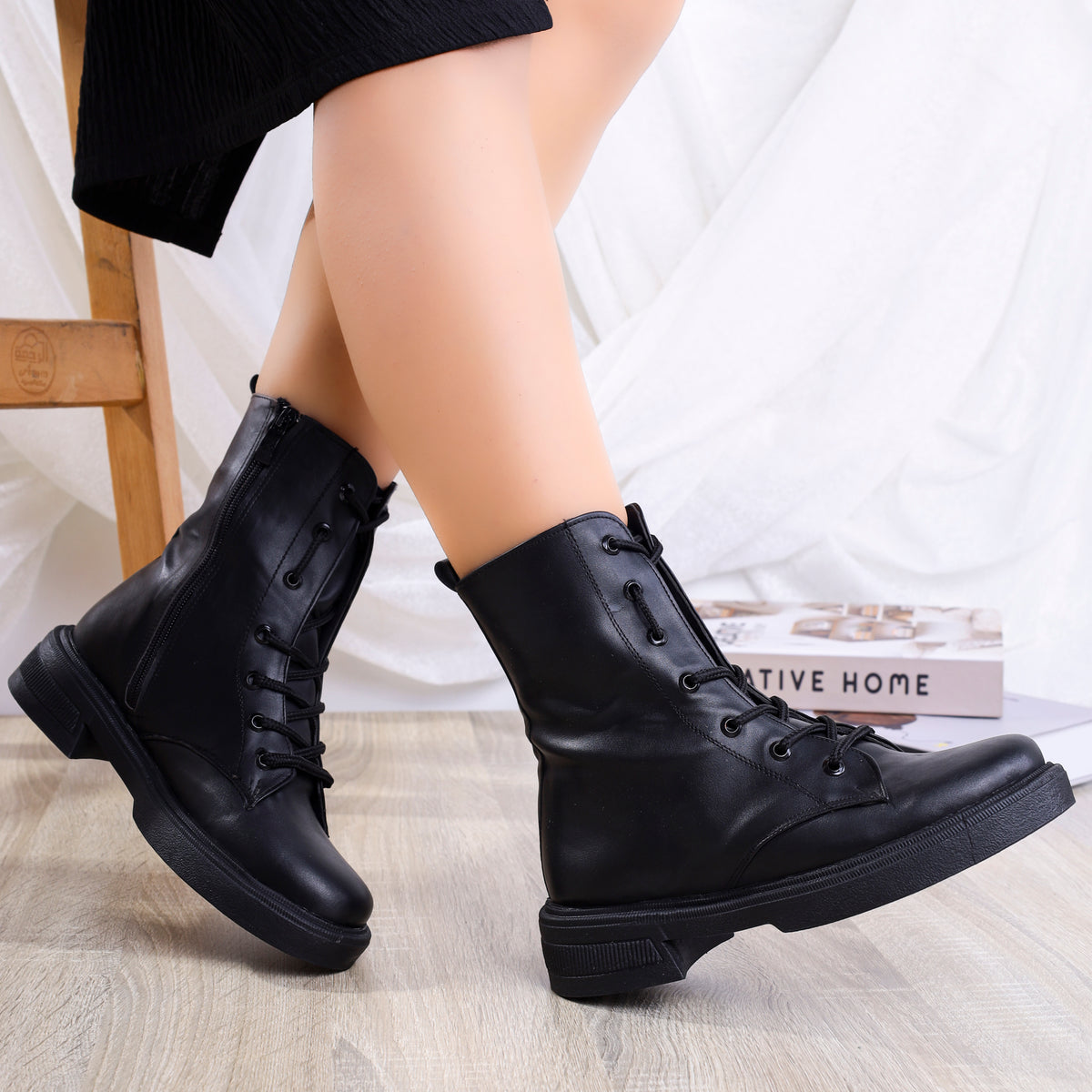 Ankle Boot Mid Heels Leather With Zipper E-96