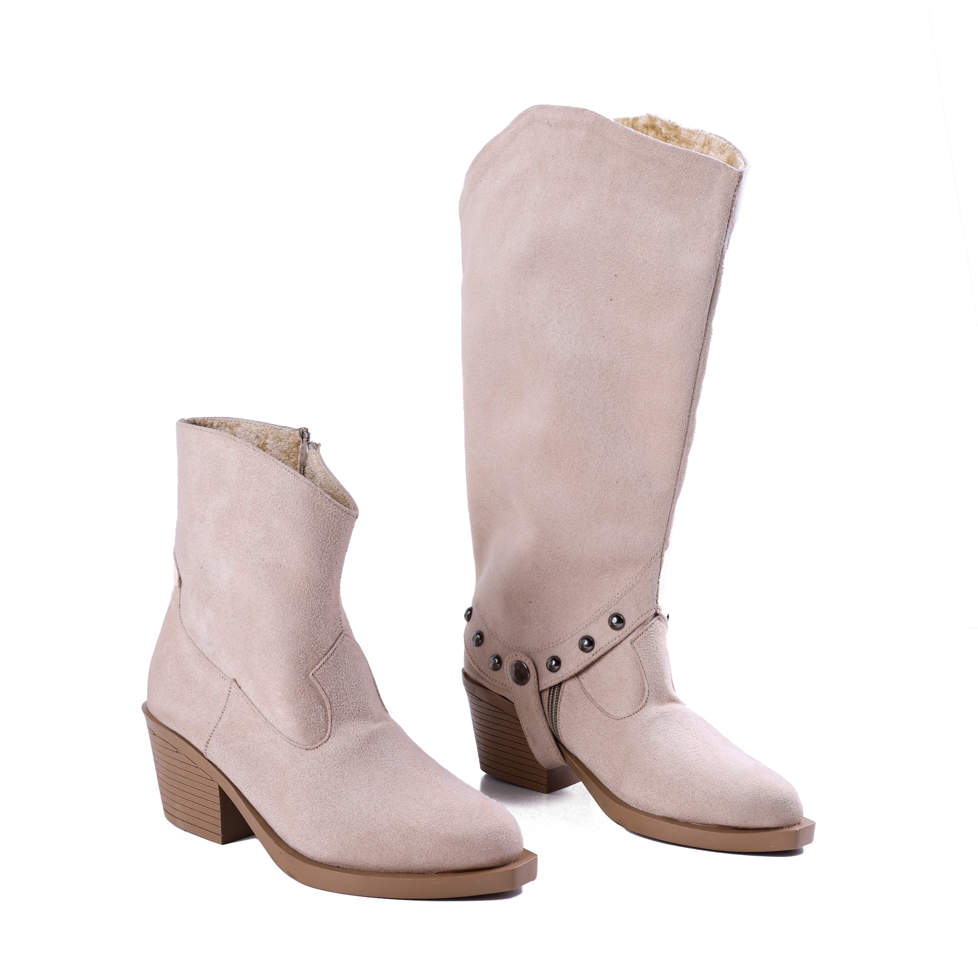 Knee-High Suede Boots - Elegant Beige Mid-Heels LB-30