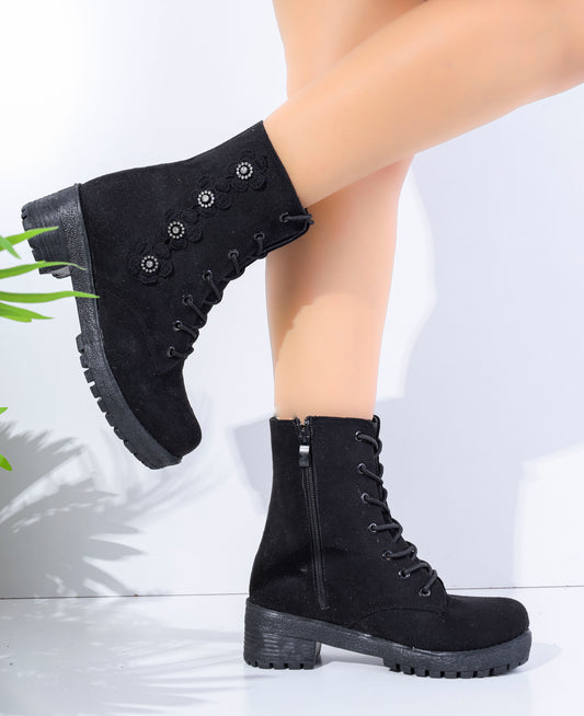 Boot Mid Heels Suede With Flower  E-16