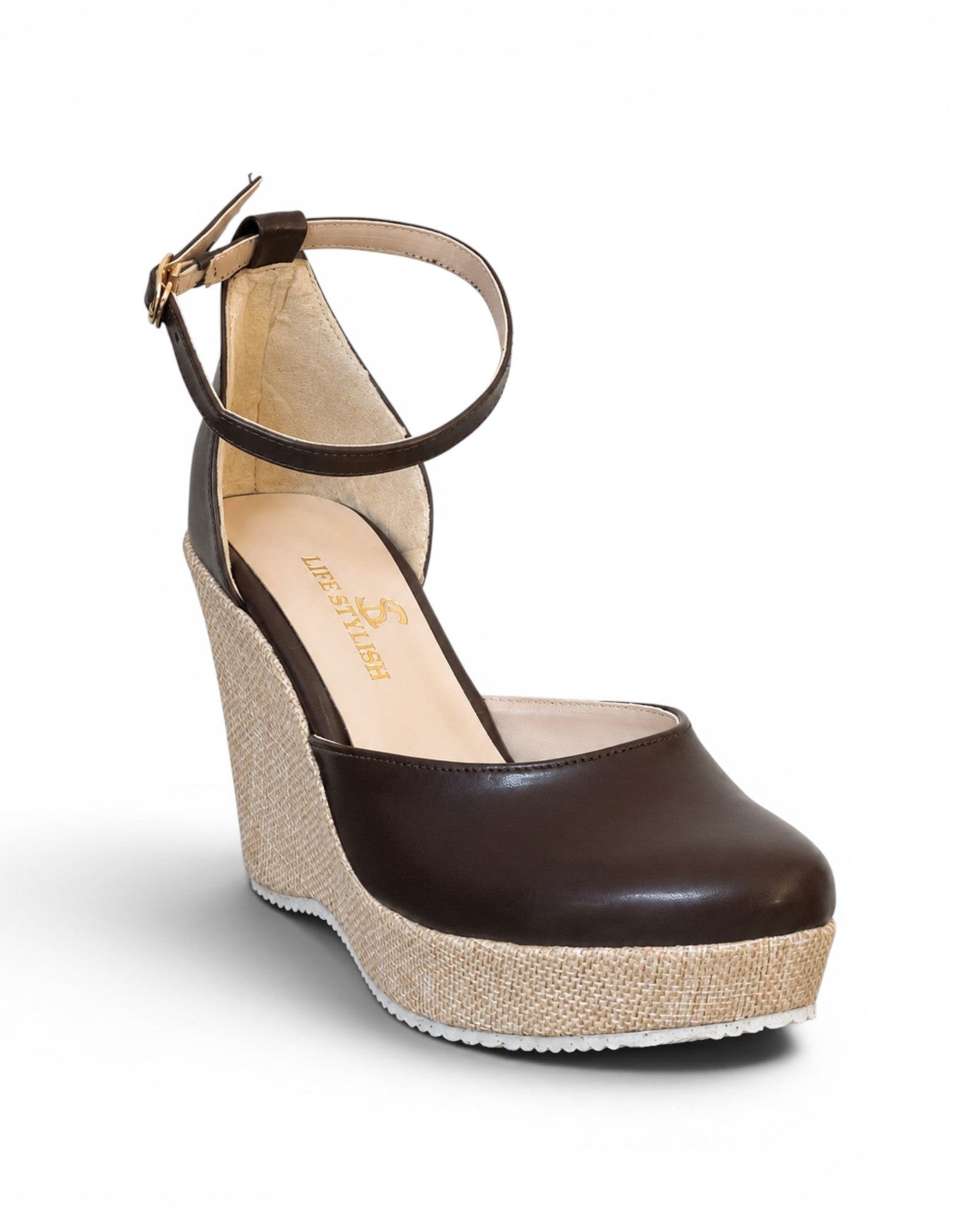 Sandal heel wedge leather with ankle strap W-312