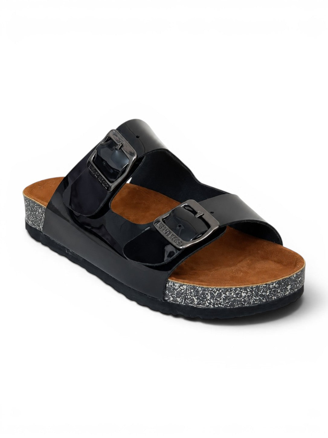 Slippers leather Glossy flat Double strap with buckles SL-232