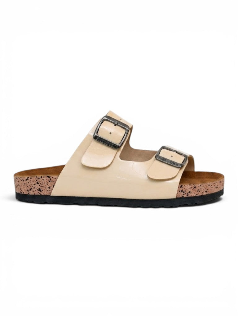 Slippers leather Glossy flat Double strap with buckles SL-232
