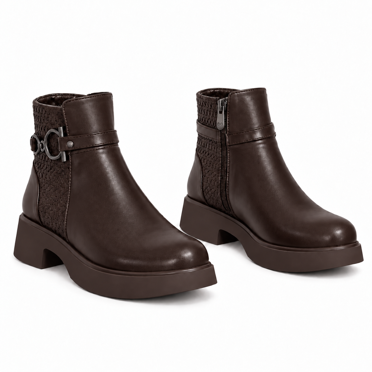 Women's Leather Ankle Boot with Thick Heel and Side Zipper G-66