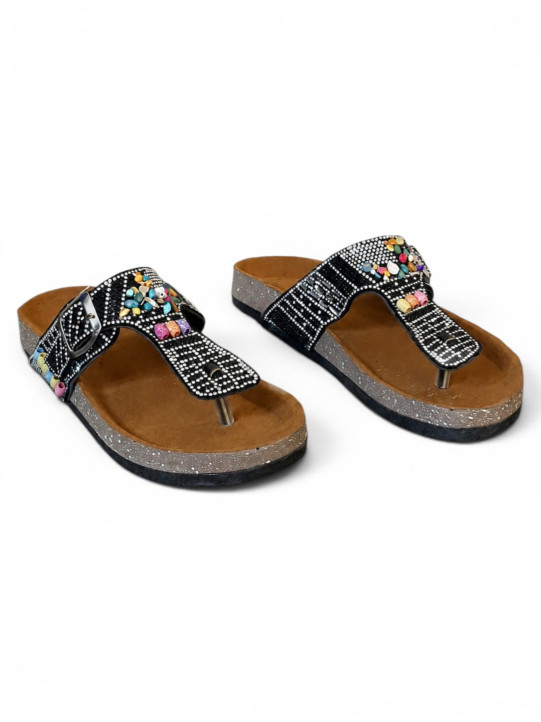 Slippers Flat Leather With a toe cap studded with colorful stones SL-244