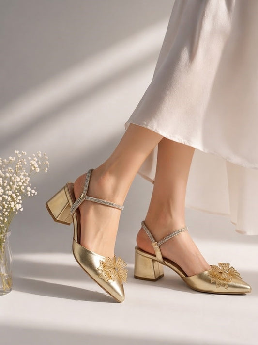 Shoes Mid Heels Leather Glossy With Bow F-618