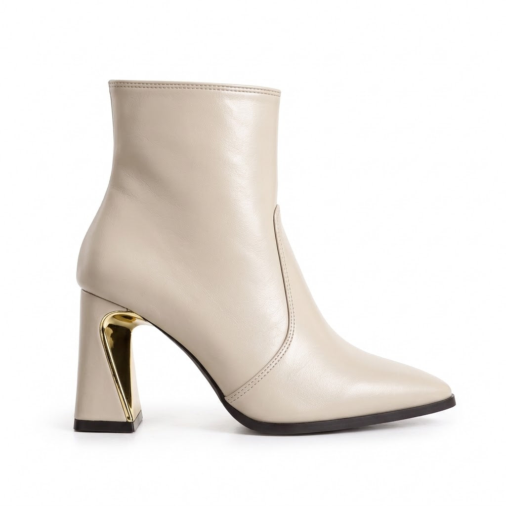 Ankle Boot Women’s Leather With Distinctive Heel and Gold Accessory L-122