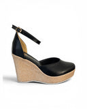 Sandal heel wedge leather with ankle strap W-312