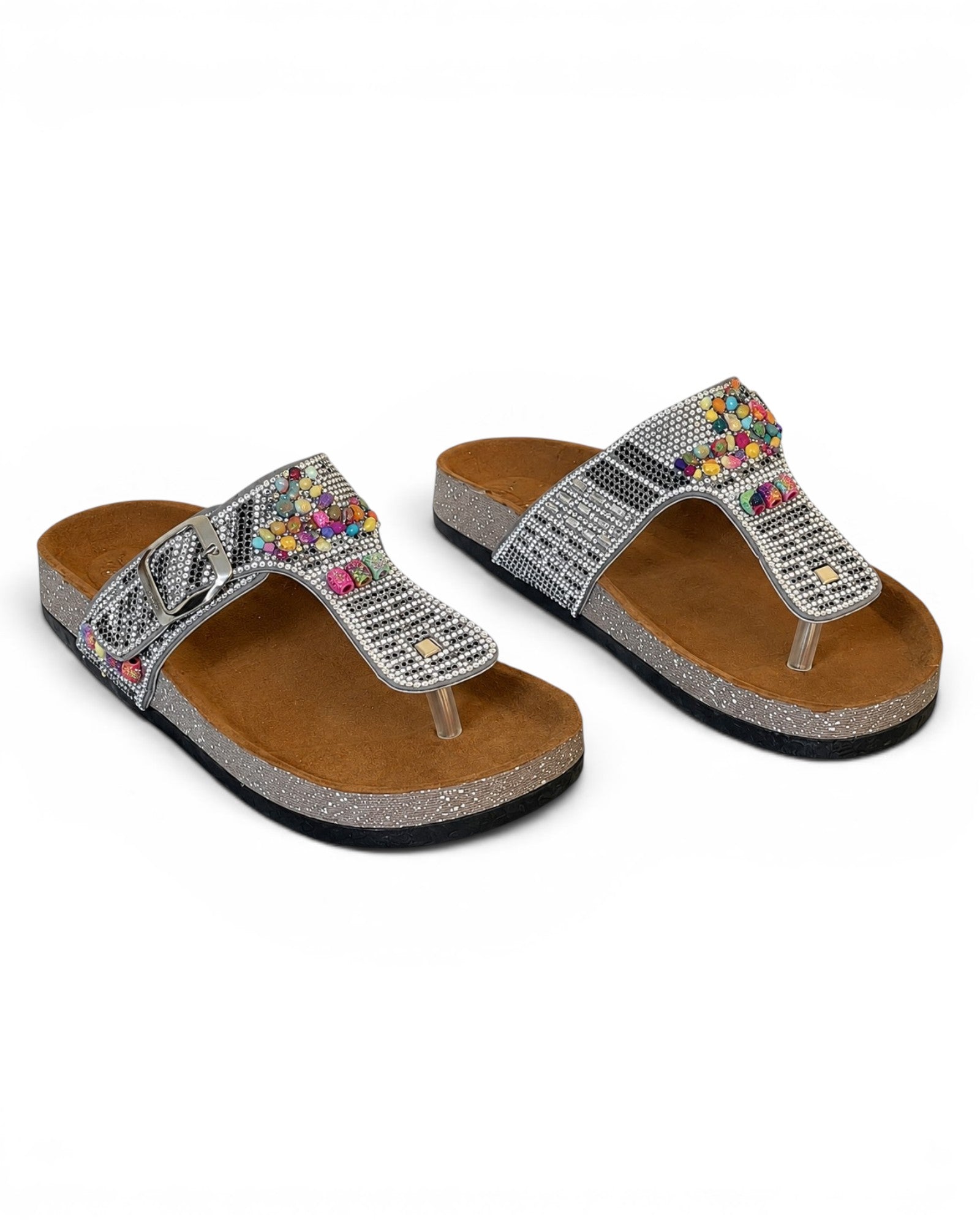 Slippers Flat Leather With a toe cap studded with colorful stones SL-244