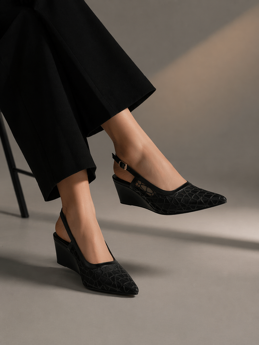 Shoes Wedge Fabric With Leather W-310