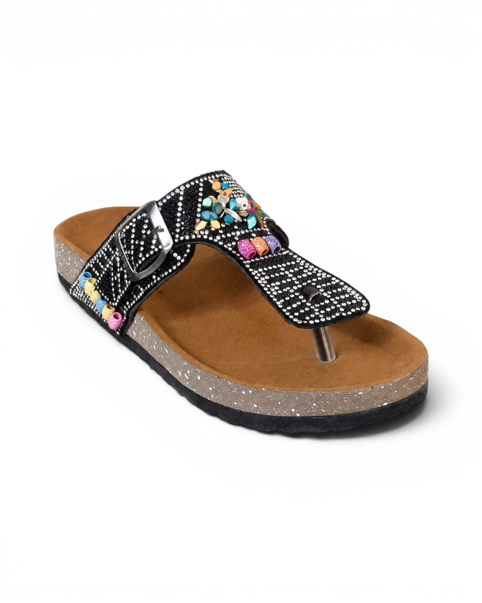 Slippers Flat Leather With a toe cap studded with colorful stones SL-244