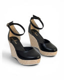 Sandal heel wedge leather with ankle strap W-312