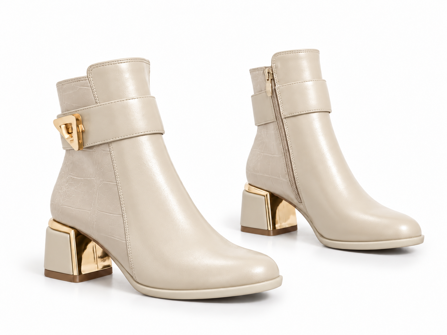 Ankle Boot For Women’s Leather Mid heel Adorned with gold details R-32