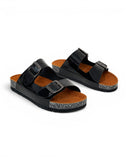 Slippers leather Glossy flat Double strap with buckles SL-232