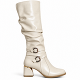 Long Boot Mid Heels Leather With Two belts buckle LB-54