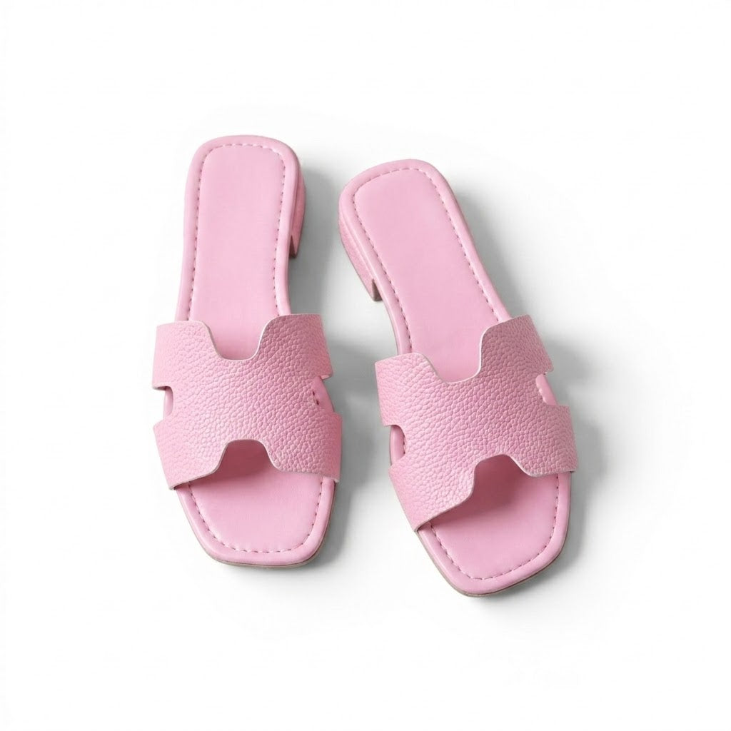 Slippers flat leather Stylish with the letter H - SL-230