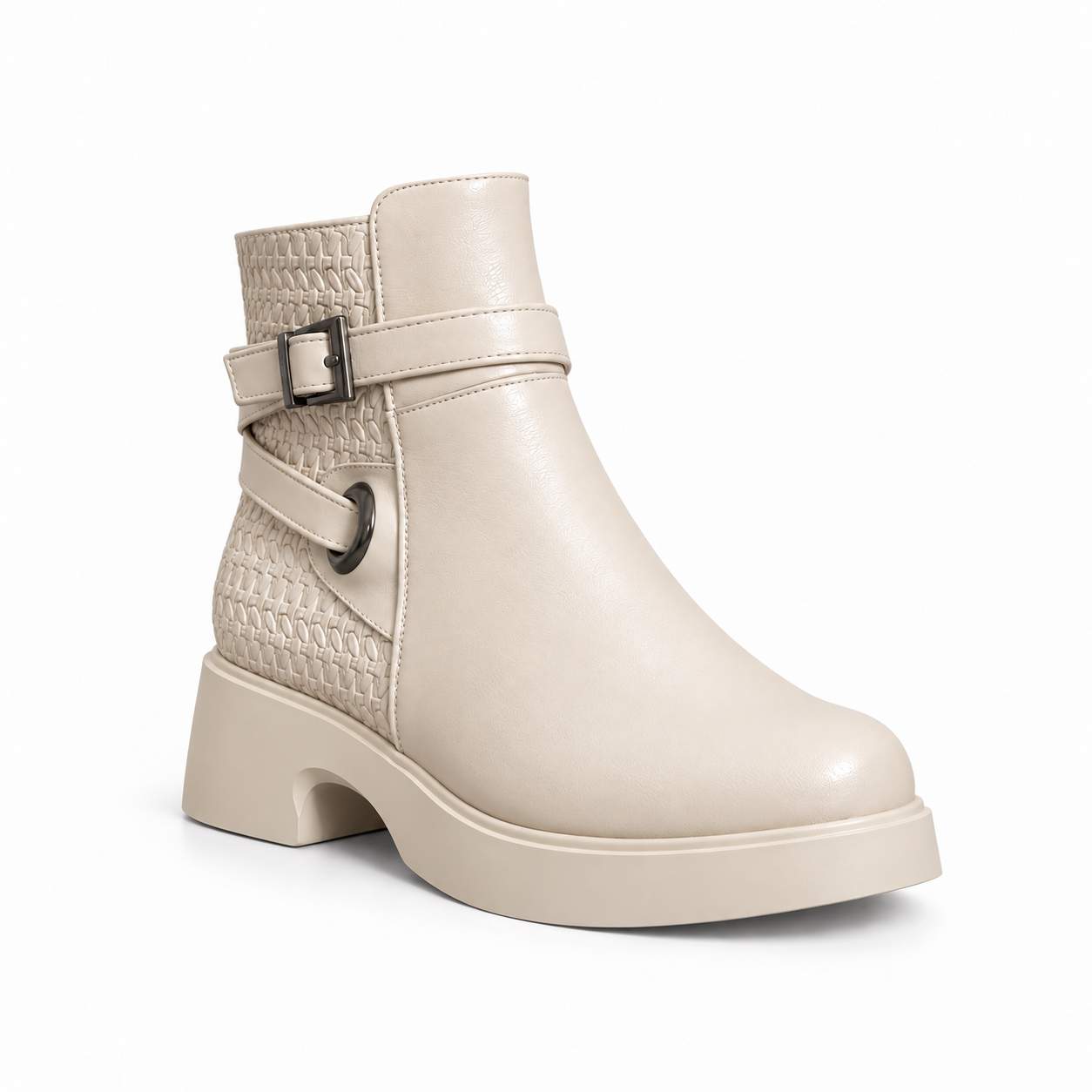 Women's Leather Ankle Boot with Thick Heel and Side Buckle Zipper G-67